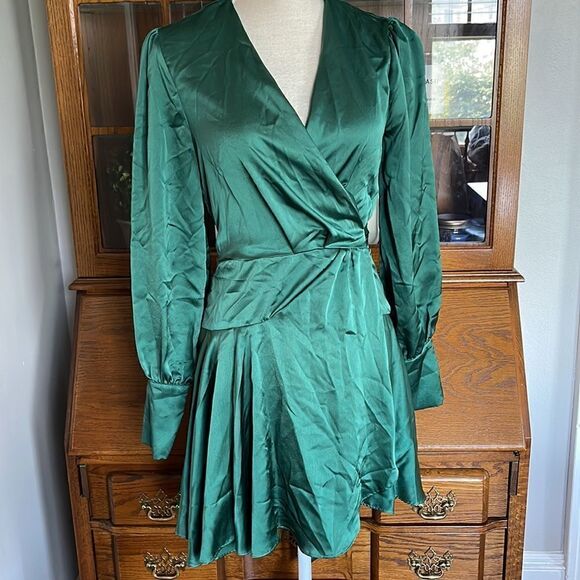 Green Satin Mini Wrap Dress Long Sleeve - Picture 5 of 7